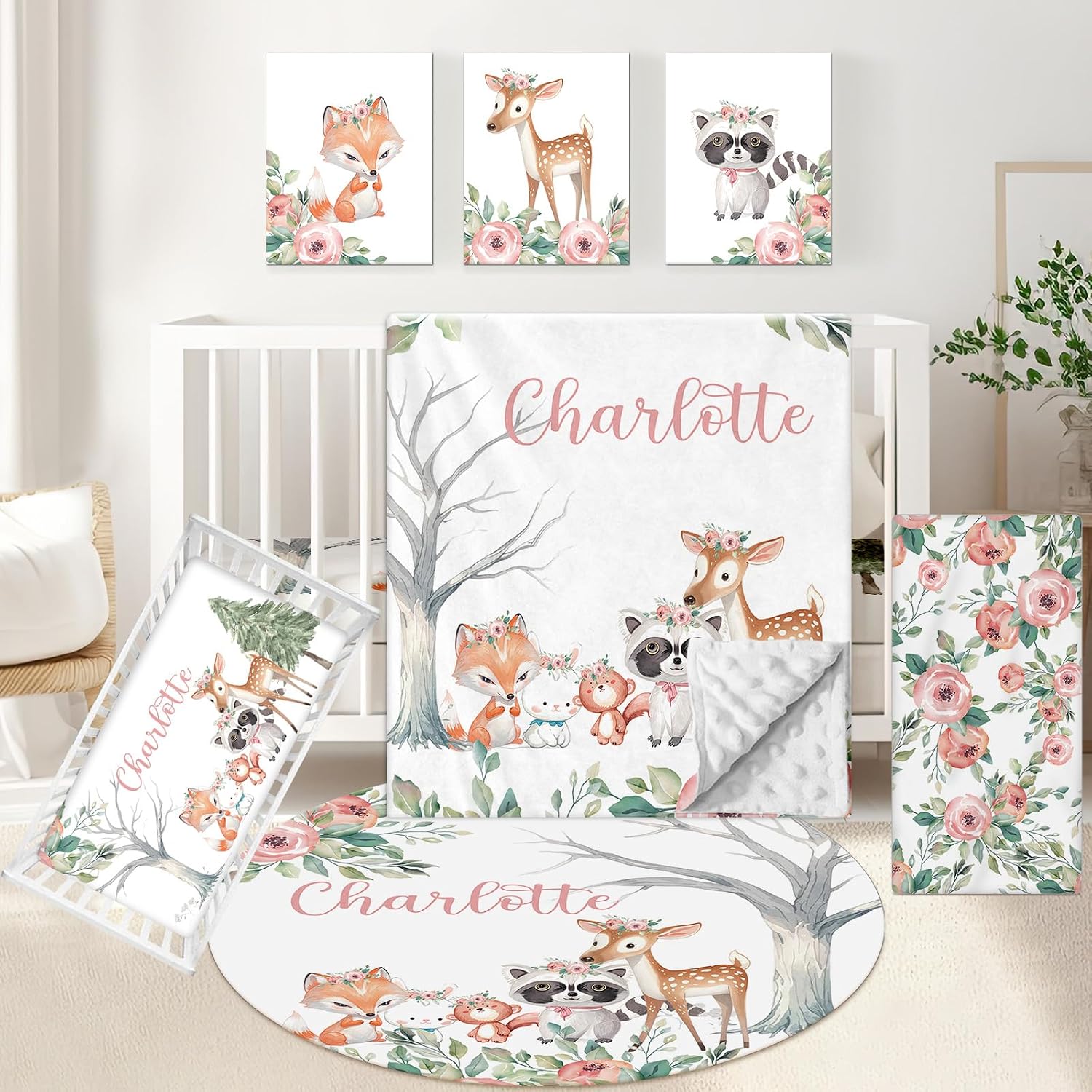 KAINSY Custom Crib Bedding Set 5 Piece for Girls Boys – Personalized Floral Animals Theme, Newborn Sleep Set, Nursery Decor, Toddler Room Essentials, Infant Sleep, Baby Room Accessories, Baby Gift