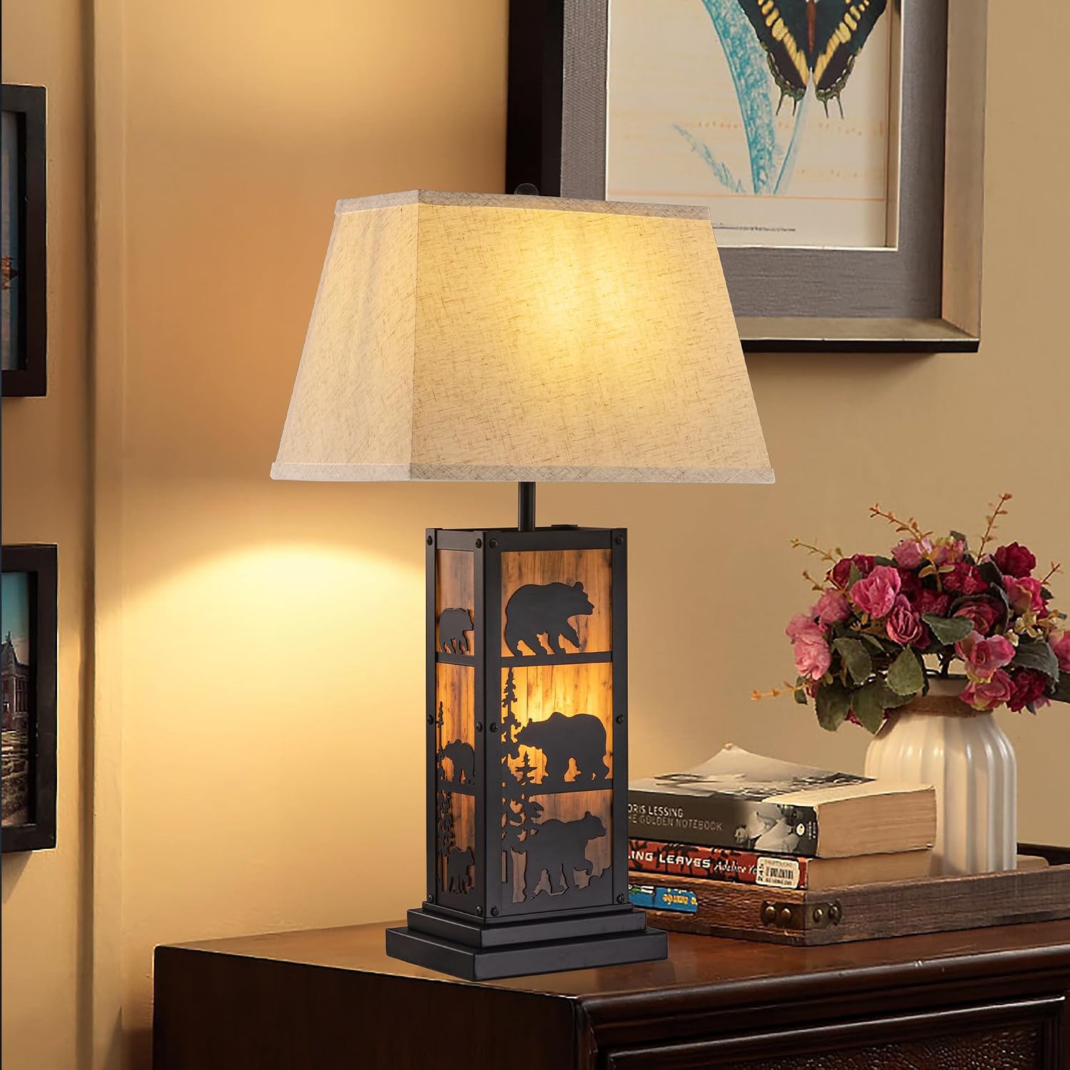 Wellmet Black Farmhouse Table Lamp, 2 Lights Bedside Lamp for Living Room, 27.5in Tall Vintage Nightstand Lamp, Touch Control Table Lamp with LampShade for Bedroom, Office(E26 Base)