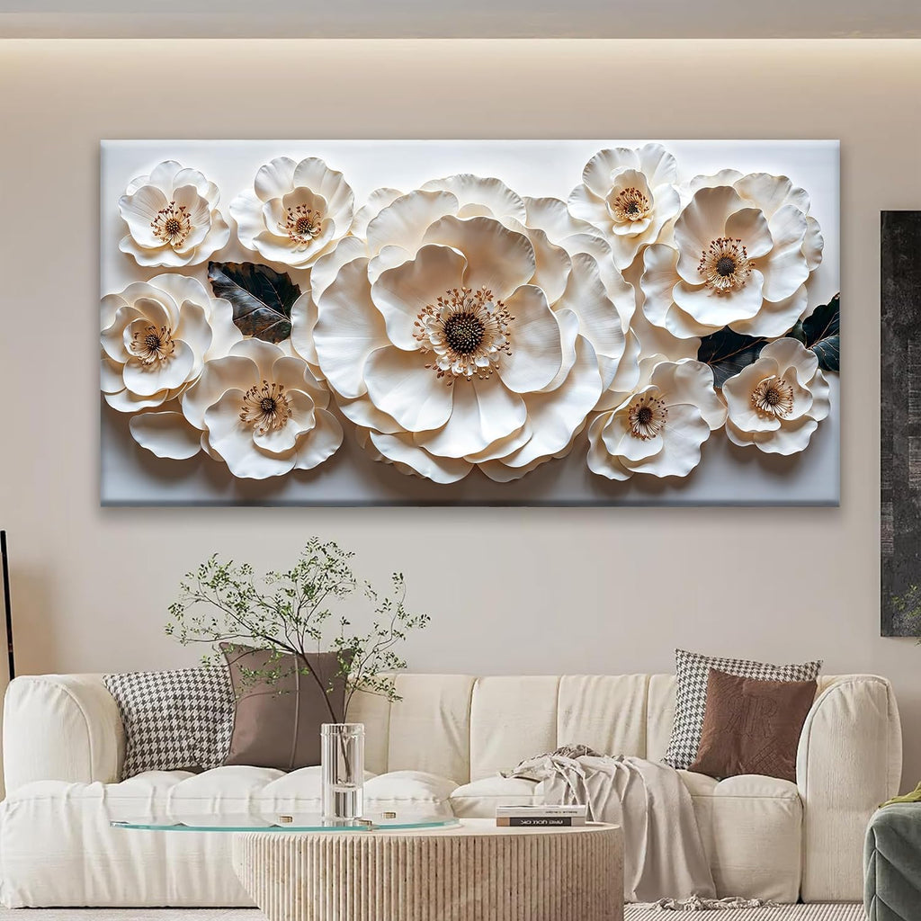 Large Wall Art For Living Room Floral White Wall Art Modern Canvas Art Wall Decor 29' X 58' Painting White Flower Wall Art Print Picture For Bedroom Home Office Decoration