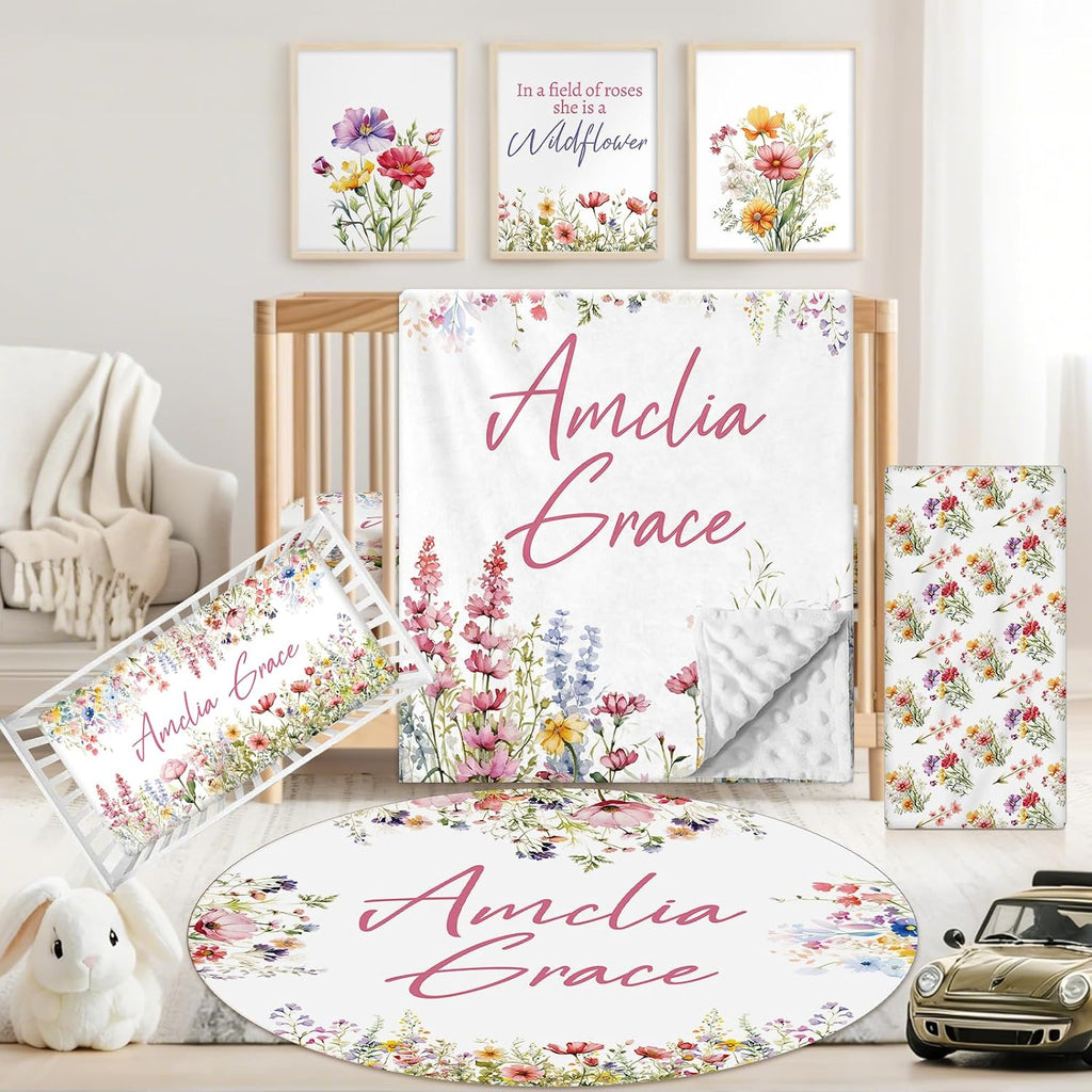 Custom Baby Crib Bedding Set, 5 PCS Personalized Name Baby Crib Sets for Girls Boys, Flower Theme Nursery Bedding Sets for Infant Toddler, Double Layer Flannel Bed Set Customized Gifts