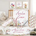 Custom Baby Crib Bedding Set, 5 PCS Personalized Name Baby Crib Sets for Girls Boys, Flower Theme Nursery Bedding Sets for Infant Toddler, Double Layer Flannel Bed Set Customized Gifts
