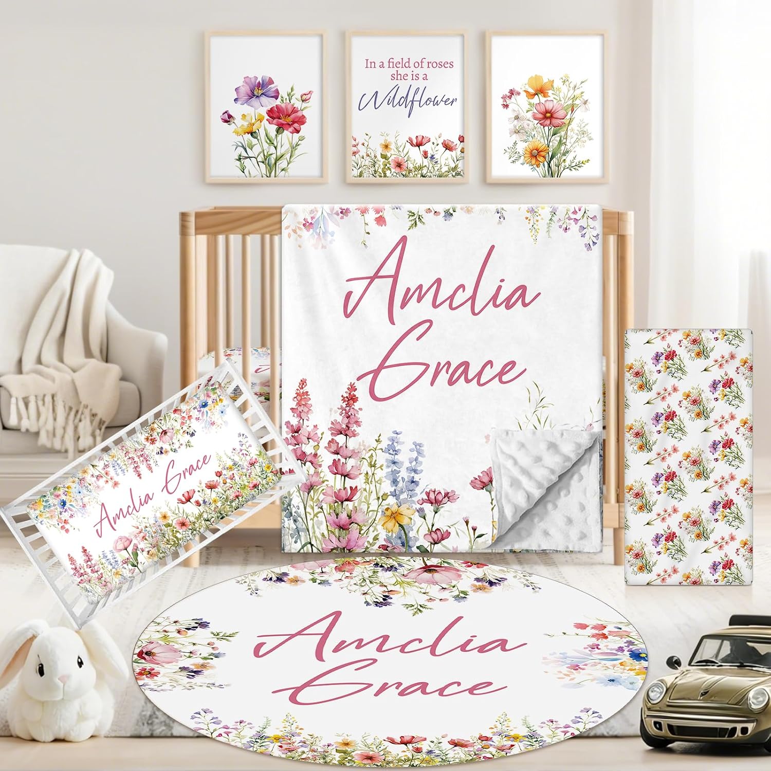 Custom Baby Crib Bedding Set, 5 PCS Personalized Name Baby Crib Sets for Girls Boys, Flower Theme Nursery Bedding Sets for Infant Toddler, Double Layer Flannel Bed Set Customized Gifts