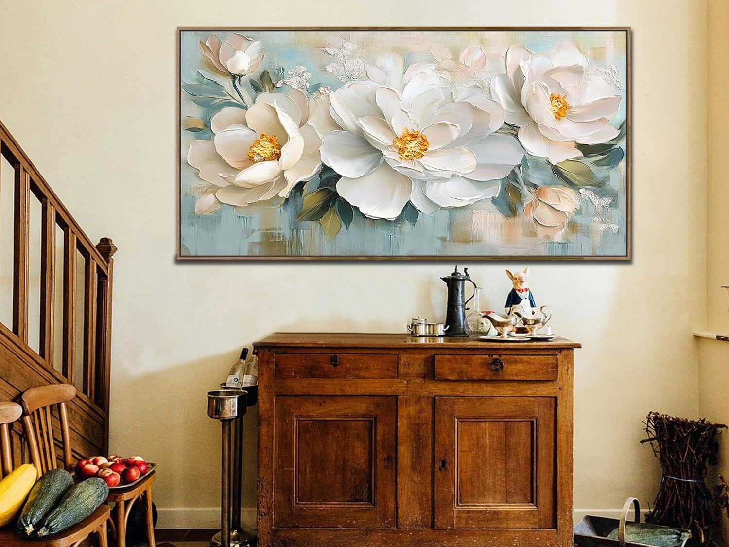 Enartly White Flowers Framed Wall Art for Living Room, 3D Textured Floral Canvas Painting Sage Florals Picture Artwork for Bedroom Dining Room Kitchen Home Office Wall Decor, 48'x24'
