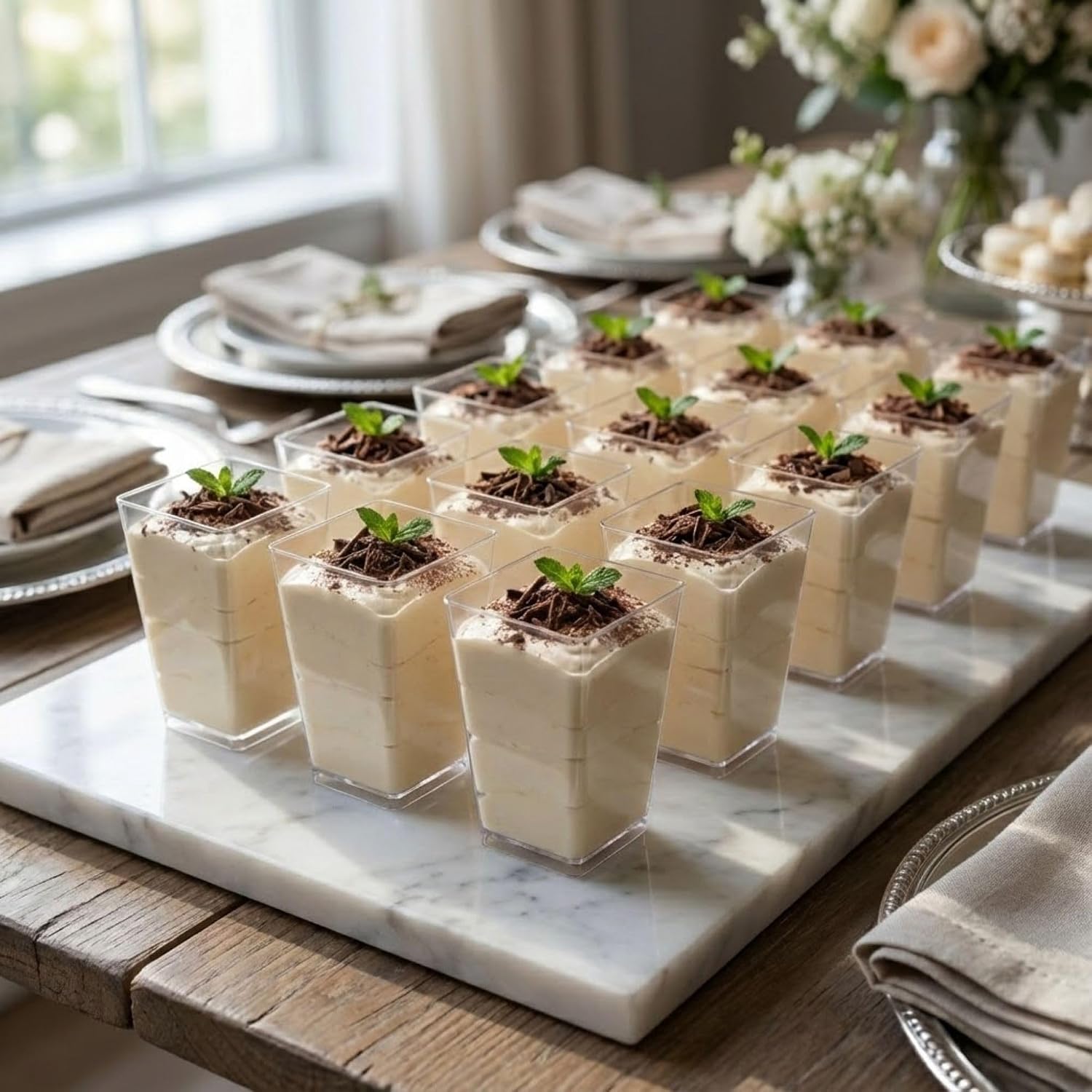 Restaurantware 3.65 Ounce Disposable Dessert Cups 320 Square Appetizer Cups - Tall Medium Clear Plastic Parfait Cups Serve Puddings or Mousse For Parties Weddings or Catered Events