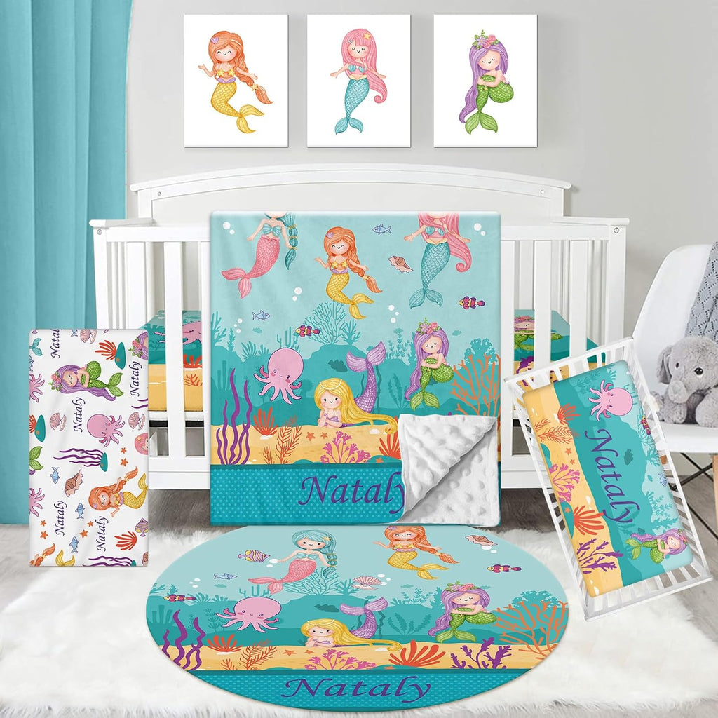 Dyoart Personalized Baby Crib Set - 5 Piece Custom Baby Bedding Set with Name, Double Layer Nursery Bedding Set for Girls, Mermaid Crib Bedding Set, Gift for New Parents Toddler Infant