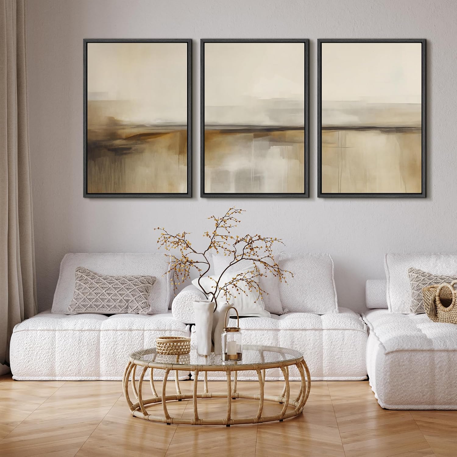 SIGNFORD Framed Canvas Print Wall Art Set Desert Haze Abstract Neutral Beige and Brown Illustrations Modern Art Relax/Calm for Living Room, Bedroom, Office - 24'x36'x3 Black