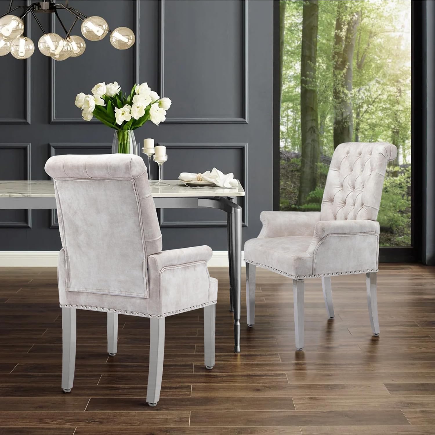 LOULENS Luxurious Velvet Dining Chairs, Modern Upholstered Tufted Dining Room Chairs, Armrests Dining Chairs with Stainless Steel Leg for Kitchen, Dining, Living Room, Bedroom