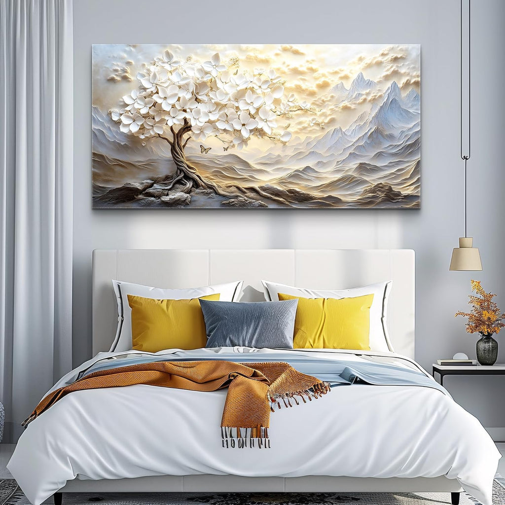 XIGUANGART Large Canvas Wall Art Mountain Landscape Farmhouse Floral Paintings Modern Abstract Artwork for Walls White Tree of Life Pictures for Living Room Bedroom Dining Room Office Home Wall Decor