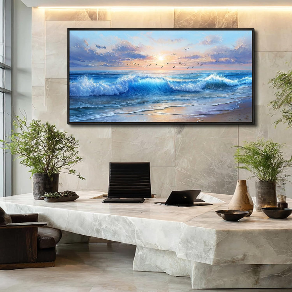 XIGUANGART Ocean Canvas Wall Art, Blue Sea Wave and Large Coastal Beach Paintings Sunset Seascape Pictures Framed Artwork Wall Decor for Living Room Bedroom Bathroom Kitchen Hallway Home Office