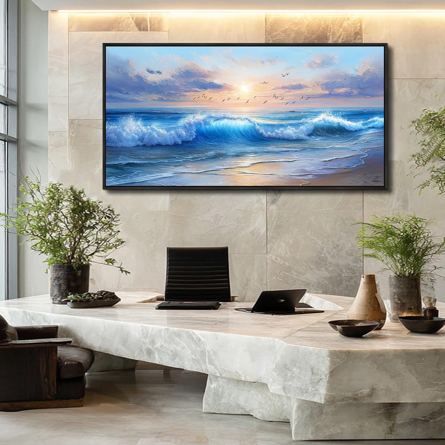 XIGUANGART Ocean Canvas Wall Art, Blue Sea Wave and Large Coastal Beach Paintings Sunset Seascape Pictures Framed Artwork Wall Decor for Living Room Bedroom Bathroom Kitchen Hallway Home Office