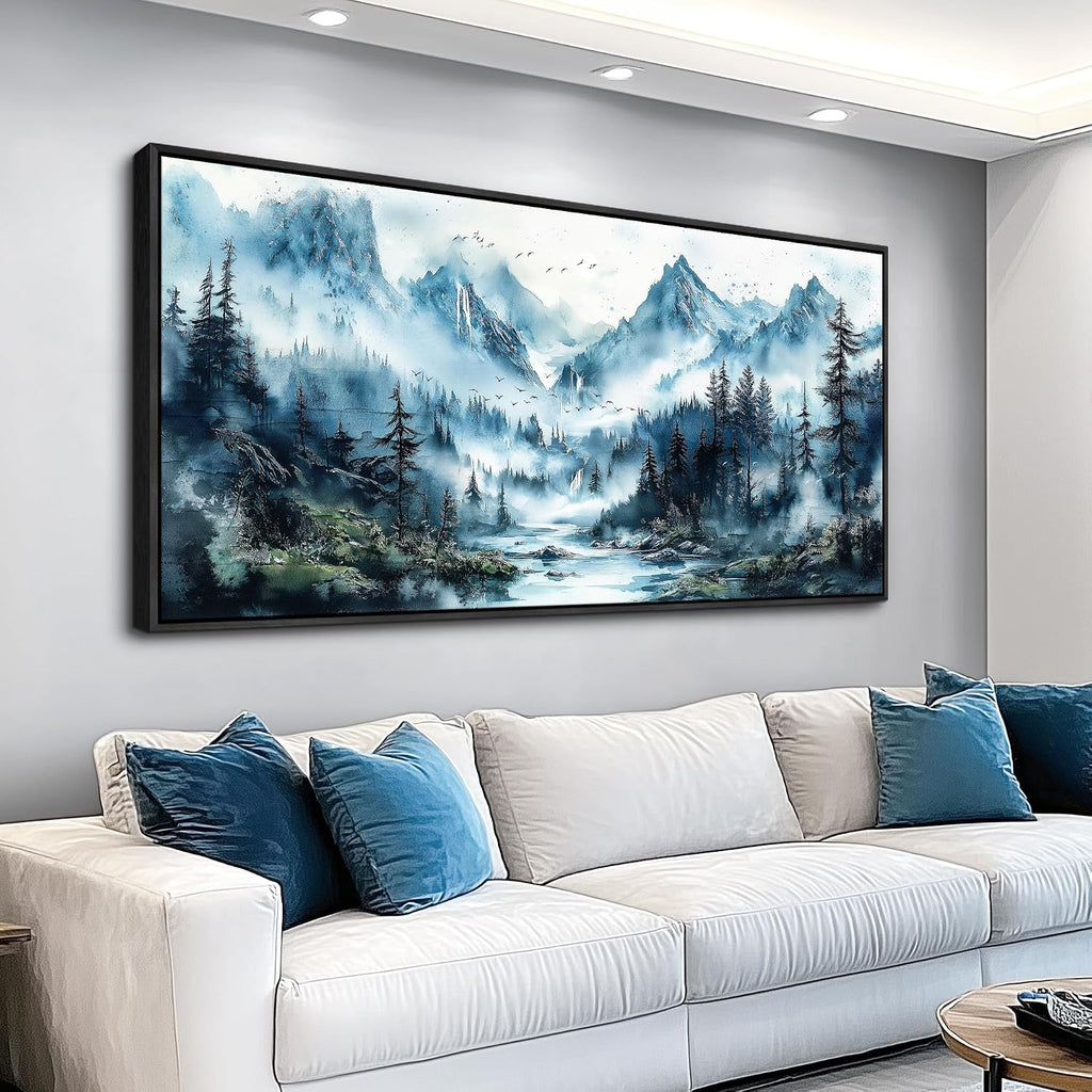 ZUITINGHUA Large Black Framed Canvas Wall Art For Living Room Wall Decor For Office Mountain Wall Painting Fog Forest Landscape Picture Ready To Hang Bedroom Home Mural Prints Posters 30x60 In