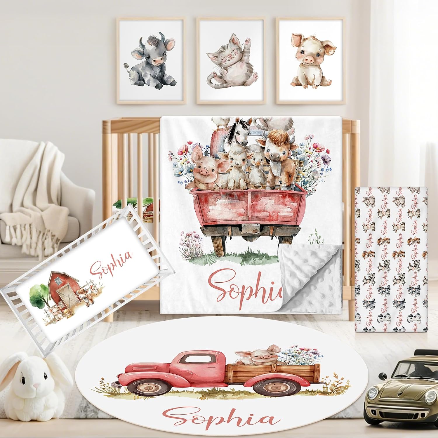 Personalized Baby Crib Bedding Set, 5 Pcs Custom Name Nursery Bedding Set for Girls Boys, Cute Farm Animals Baby Crib Set for Toddlers Infants, Double Layer Bedding Crib Sets Customized Gifts