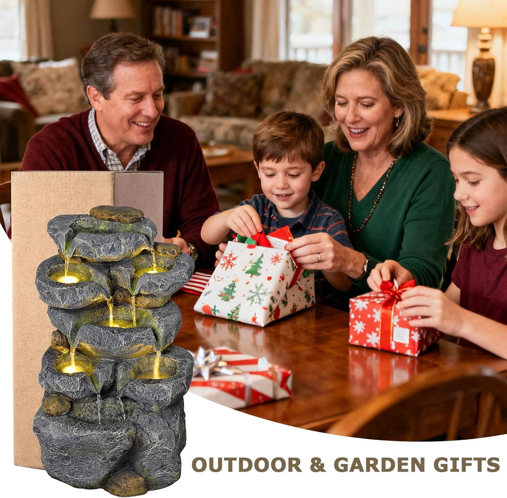 5 Tiered Solar Powered Water Fountain, Solar Water Fountain Outdoor Garden Cascading Rock Water Fall Fountains Outside with Lights for Backyard, Patio, Deck, Porch, 24' H x 13.39' L x 9.6' W
