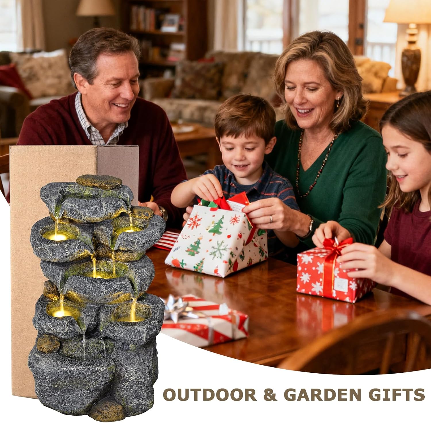 5 Tiered Solar Powered Water Fountain, Solar Water Fountain Outdoor Garden Cascading Rock Water Fall Fountains Outside with Lights for Backyard, Patio, Deck, Porch, 24' H x 13.39' L x 9.6' W