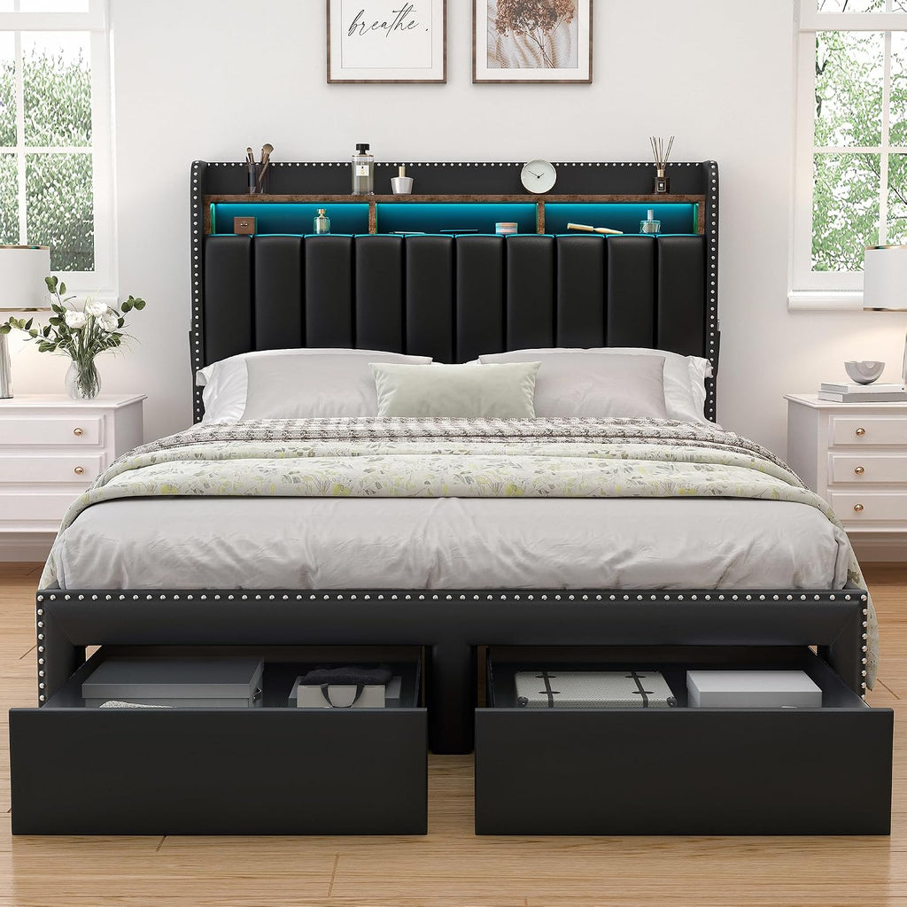 SIBEDS King LED Bed Frame with Headboard, PU Leather Upholstered Platform Bed with 2 Tier Storage and 2 Zippered Fabric Drawers, Channel Tufted Bedframe with Rivet Decor, No Box Spring Needed, Black