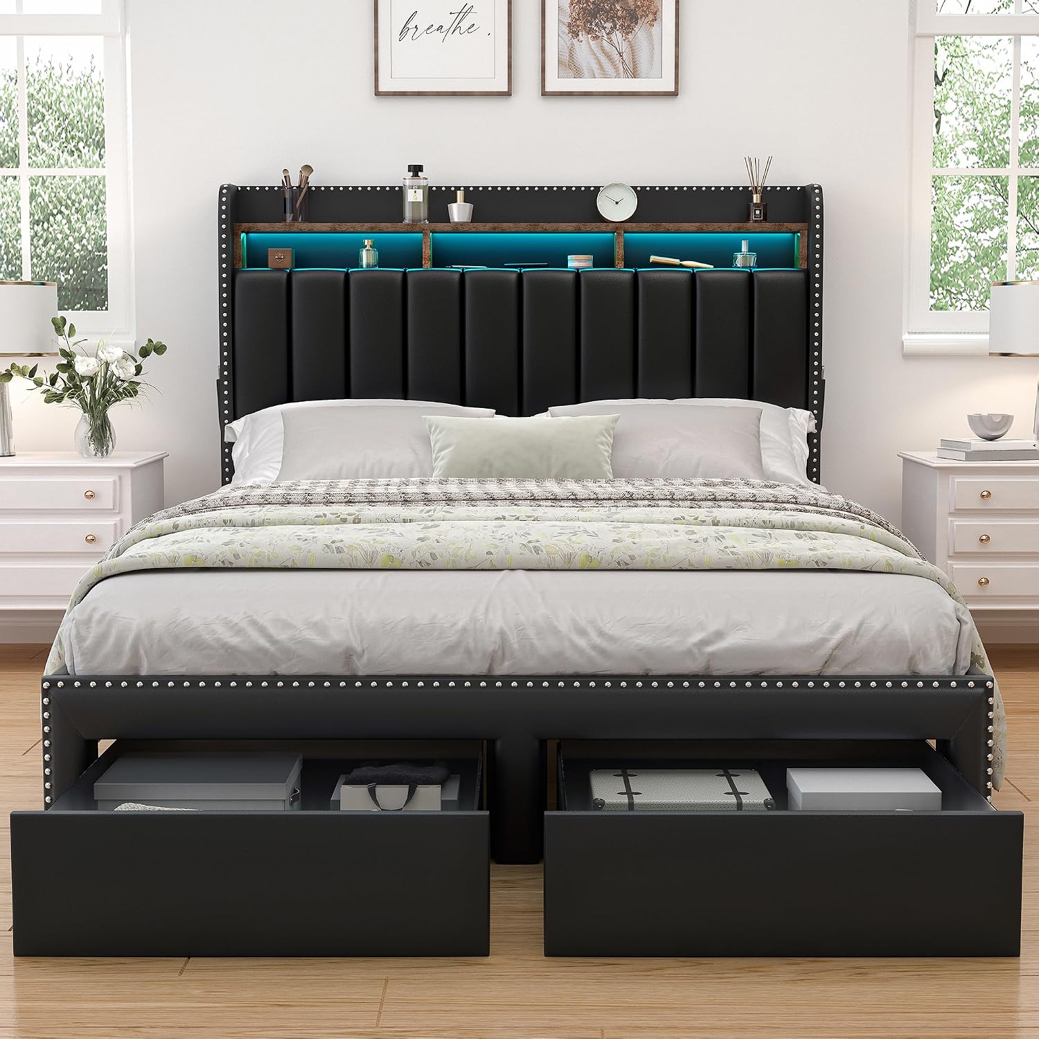 SIBEDS King LED Bed Frame with Headboard, PU Leather Upholstered Platform Bed with 2 Tier Storage and 2 Zippered Fabric Drawers, Channel Tufted Bedframe with Rivet Decor, No Box Spring Needed, Black