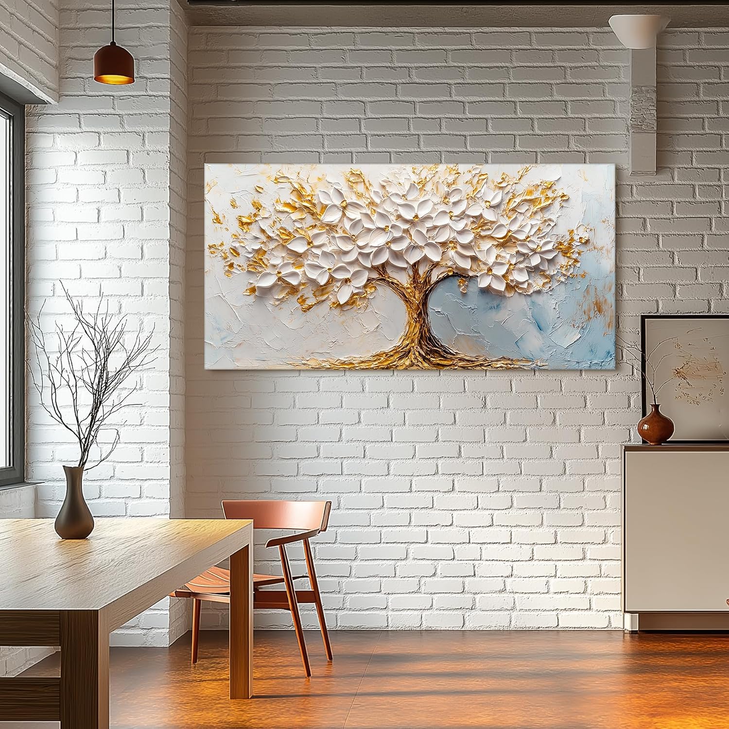 SERIMINO Tree of Life Wall Art, White Gold Tree Extra Large Artwork, Neutral Aesthetic Abstract Art Wall Decor, Modern Fantasy Pictures for Living Room Dining Room Office Canvas Prints 29'X57'