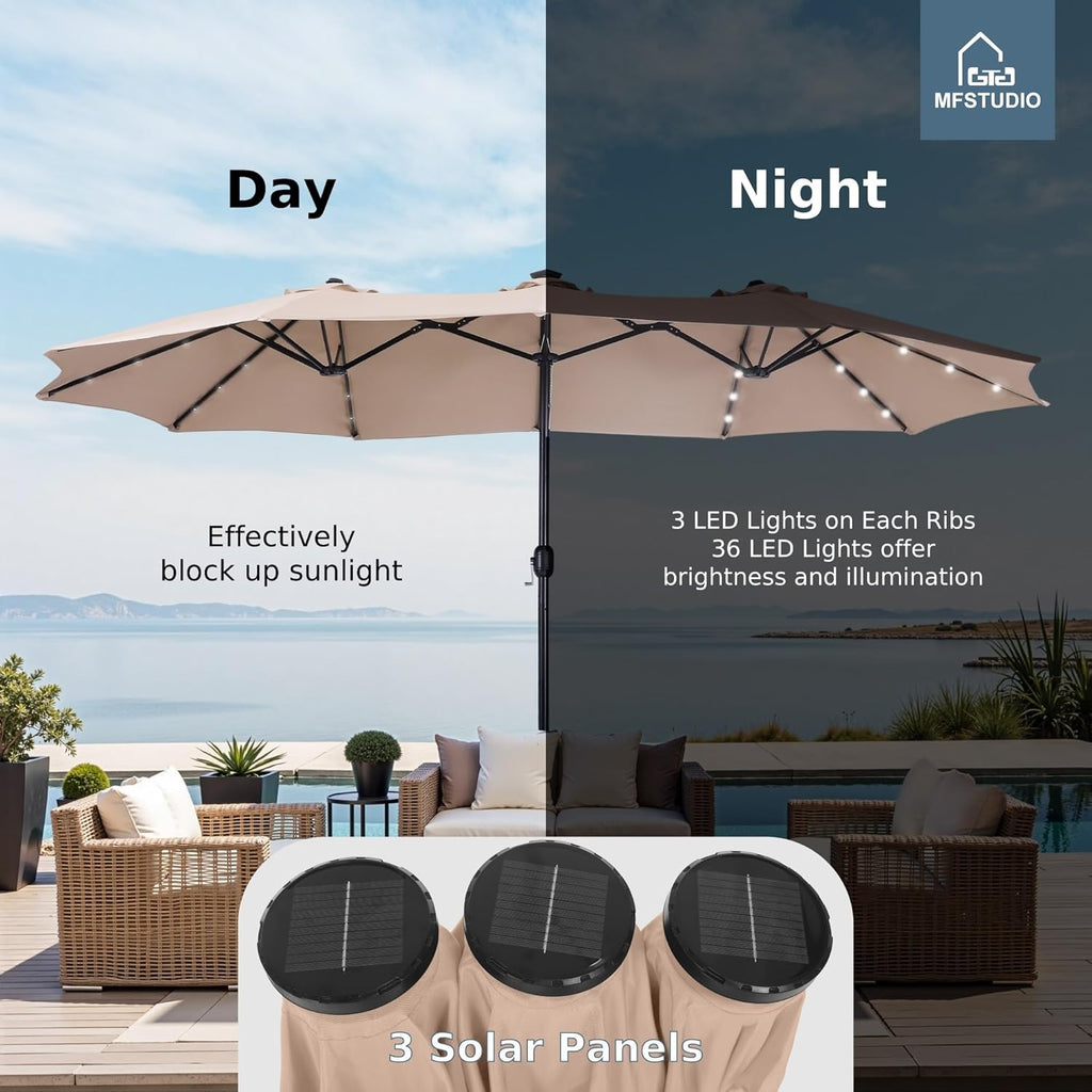 MFSTUDIO 15ft Double Sided Patio Umbrella with Solar Lights, Outdoor Large Umbrellas with Crank Handle and 36 LED Lights, Rectangular Market Umbrella with Base Included for Deck Pool Shade, Beige