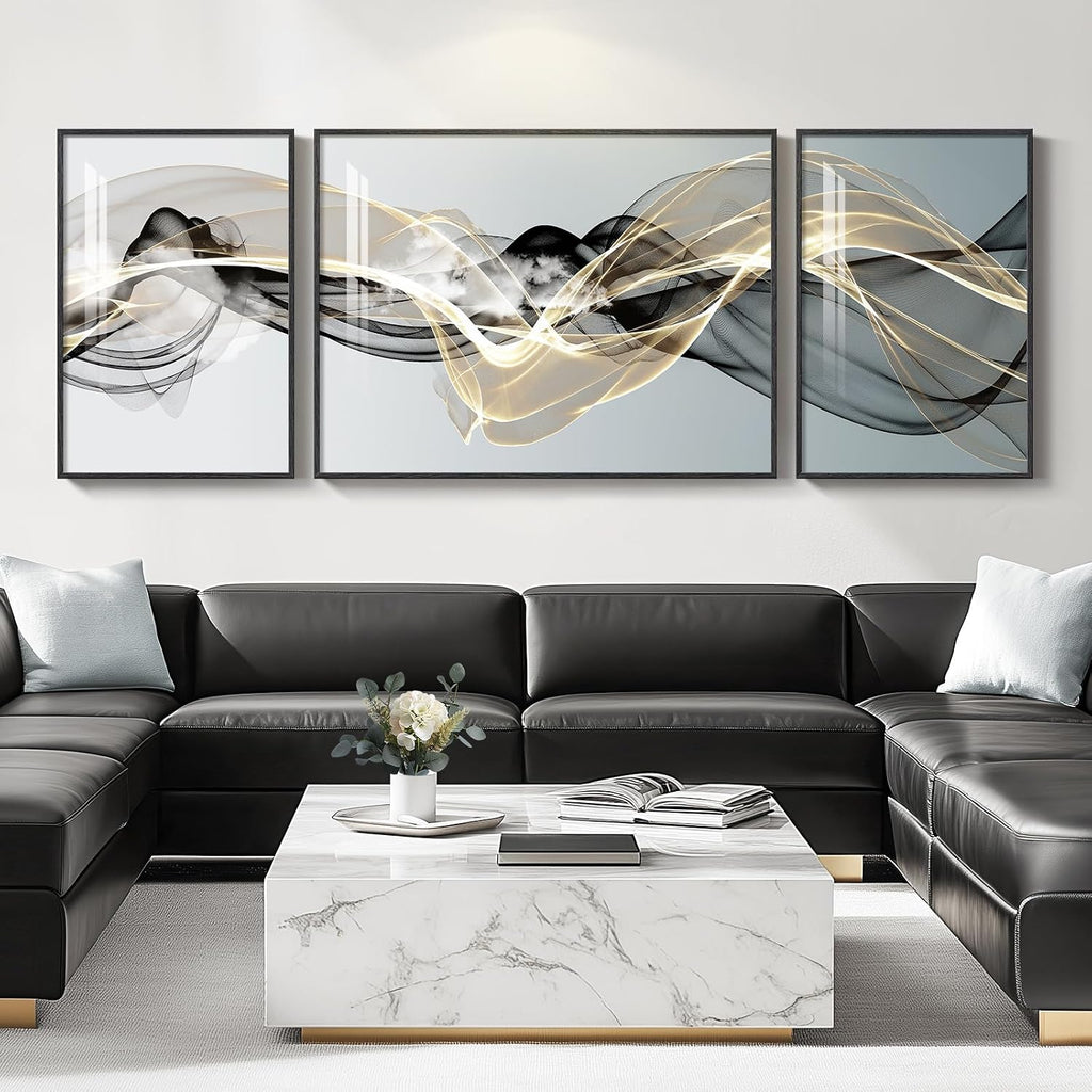Extra Large Framed Modern Luxury Abstract Wall Art for Living Room, Set of 3 Minimalist Black White Gold Abstract Paintings Artwork for Walls, Big Art Prints Pictures for Hallway Dining Room Office Wall Decor