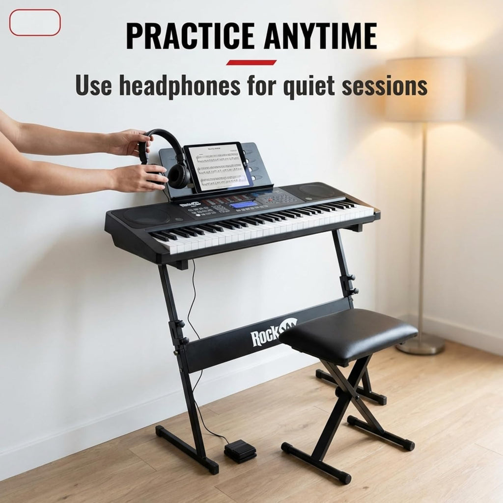 RockJam RJ761 61 Key Keyboard Piano with Keyboard Bench, Digital Piano Stool, Sustain Pedal, Headphones & Lessons