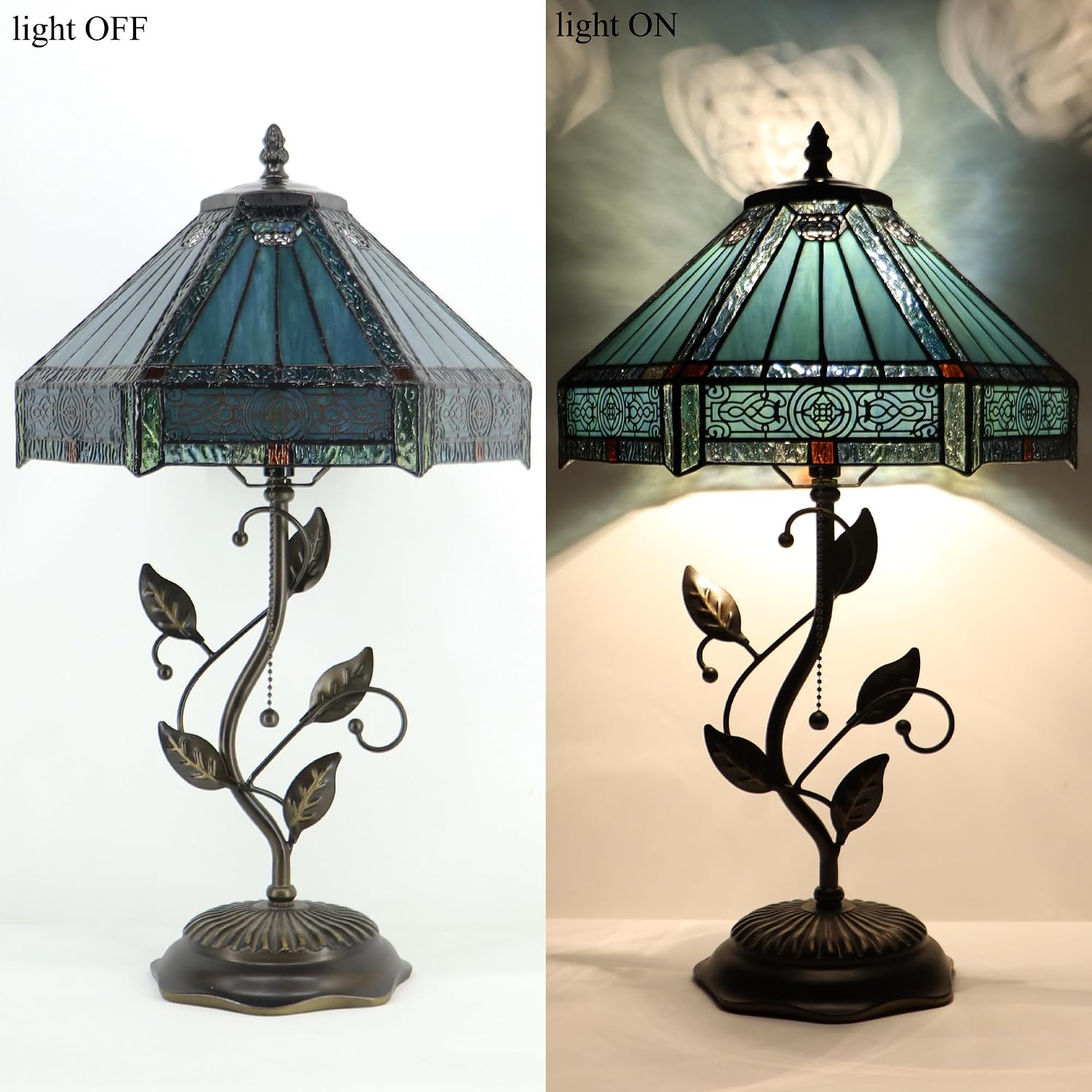 Tiffany Table Lamp, Stained Glass Desk Light, W12H19 Inch, Metal Leaf Base (Mission Style)