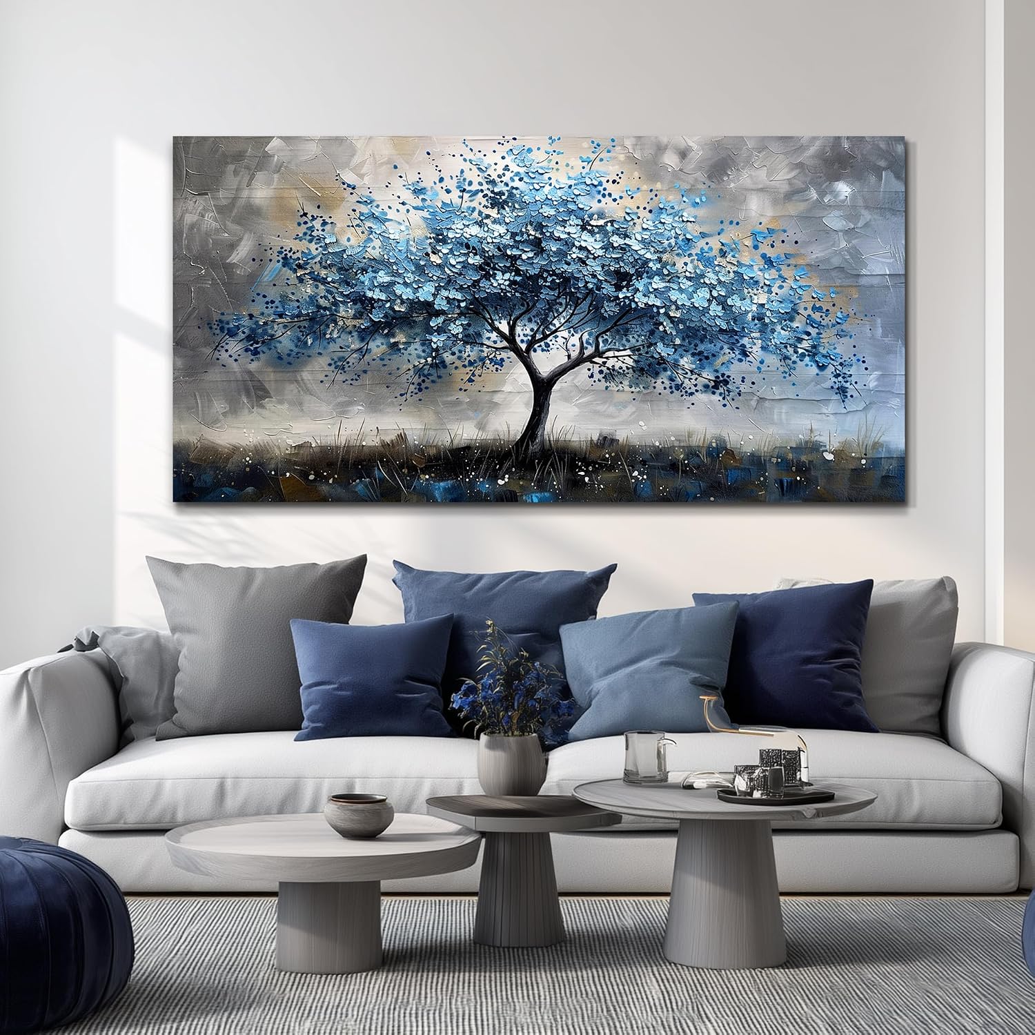 MHARTK66 Farmhouse Wall Art For Bedroom Large Canvas Wall Decor For Living Room Blue Tree Landscape Wall Pictures Artwork Stretched and Framed Canvas Paintings Ready to Hang for Office Home Decor