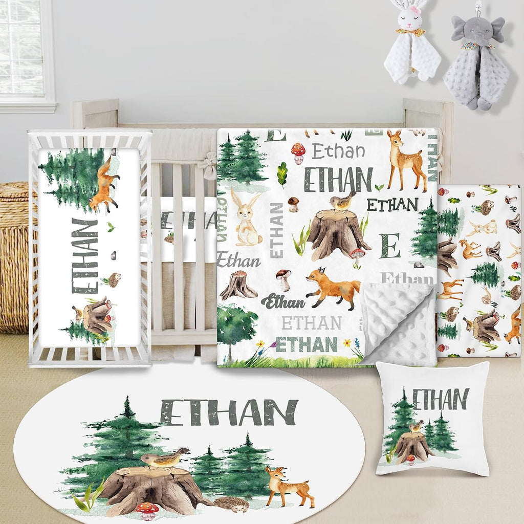 Custom Baby Crib Bedding Set - 5 Piece Nursery Crib Set Woodland Animals Design - Personalized Name Blanket with Dotted Backing, Crib Sheet, Changing Pad Cover, Pillow Cover, Rug for Newborns Color10