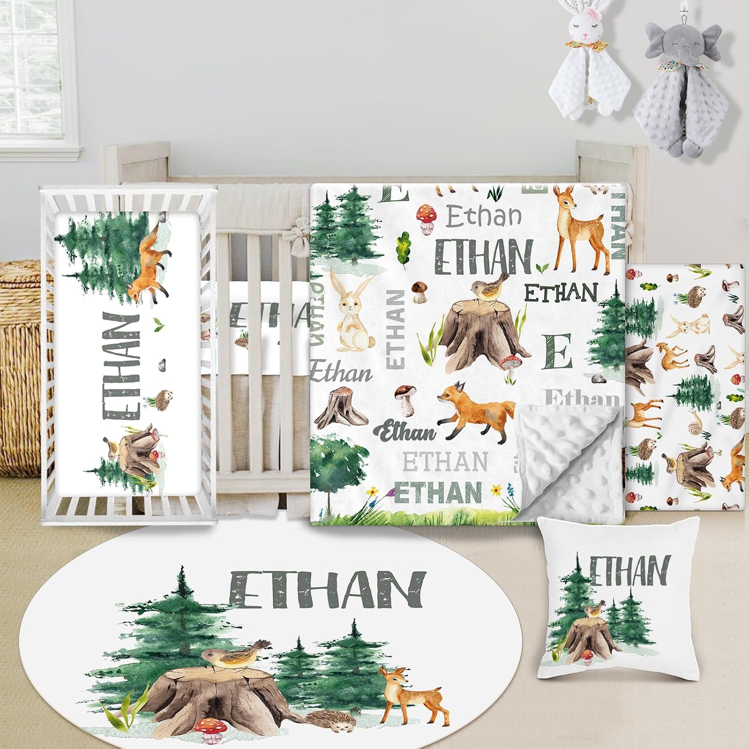 Custom Baby Crib Bedding Set - 5 Piece Nursery Crib Set Woodland Animals Design - Personalized Name Blanket with Dotted Backing, Crib Sheet, Changing Pad Cover, Pillow Cover, Rug for Newborns Color10