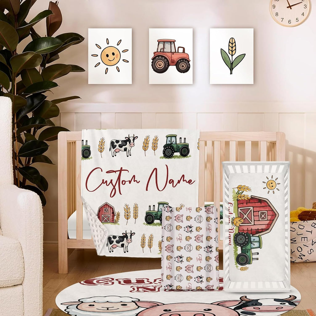 Personalized Crib Bedding Set for Baby Boys Girls, Farm Theme Custom Name Baby Crib Sets 5-Pcs, Double Layer Baby Blanket Fitted Sheet Changing Pad Cover Rug Wall Art Set