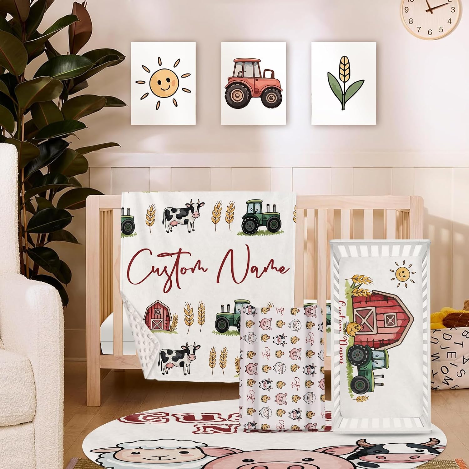 Personalized Crib Bedding Set for Baby Boys Girls, Farm Theme Custom Name Baby Crib Sets 5-Pcs, Double Layer Baby Blanket Fitted Sheet Changing Pad Cover Rug Wall Art Set