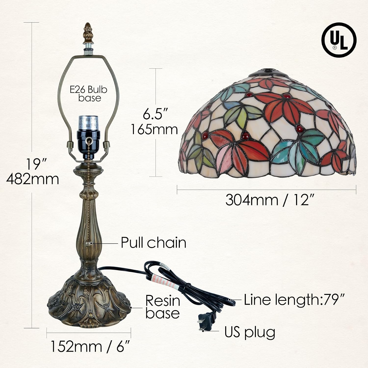 Tiffany Style Stained Glass Table Lamp, Maple Leaf Desk Light with Antique Bronze Resin Base, Multicolor Reading Lighting for Bedroom, Living Room, Office 12'X12'X19 (Maple-White)