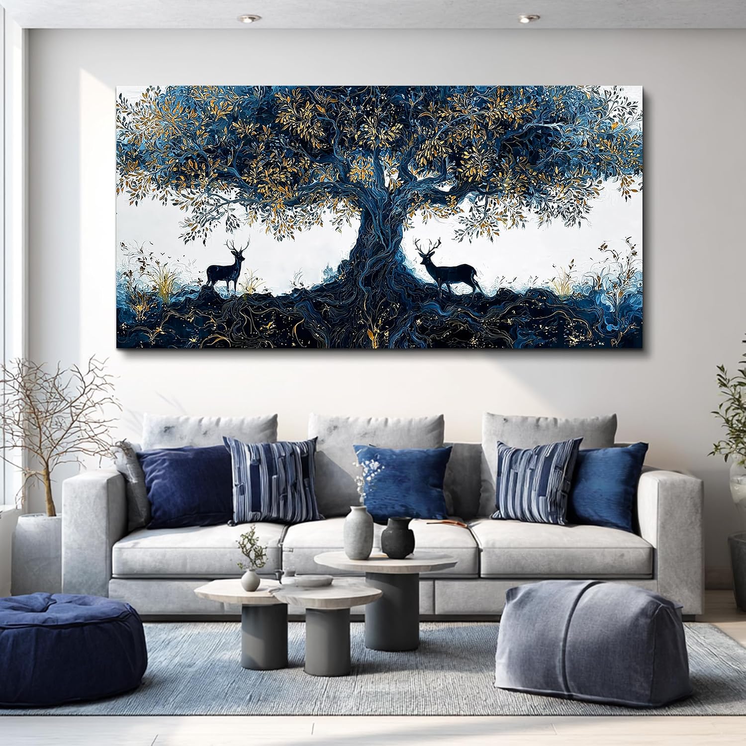 XIGUANGART Blue Tree of Life Wall Art, Large Pictures Wall Art for Living Room, Deer Oversized Wall Decor Elk Animal Canvas Print Painting Modern Extra Large Framed Artwork for Bedroom Office 60'x30'