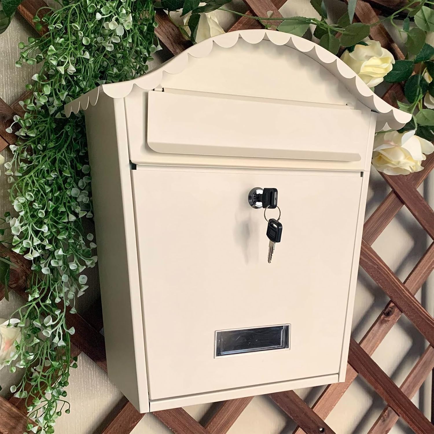 Secure Mailbox with Key Lock, Weatherproof Outdoor Post Box, Metal Collection Box, Hanging Lockable Mailbox for Safe Mail Delivery - Off-White Color