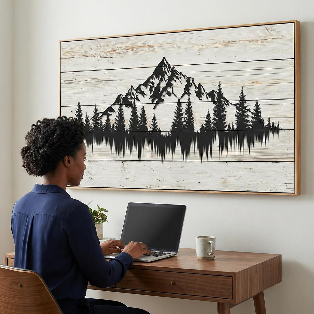 Tucai Decor Rustic Wood Grain Mountain Forest Wall Art for Living Room Bedroom Modern Framed Canvas Print Landscape Decor 24x48 Inch Serene Nature Home Art