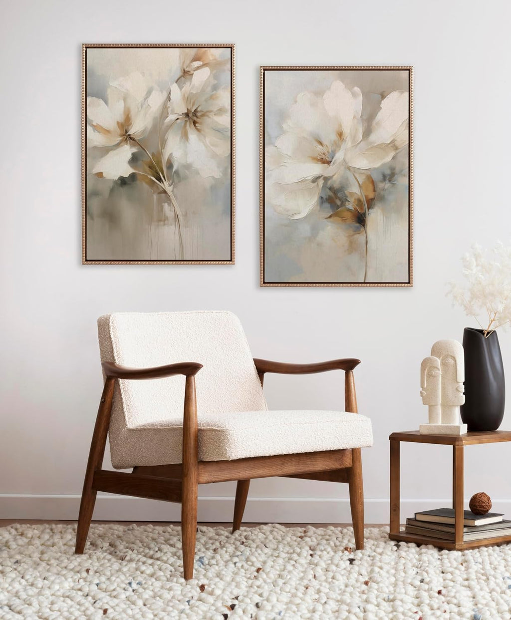 Kate and Laurel Sylvie Beaded Abstract Botanical Floral Linen Painting 1 and 2 Vintage Framed Canvas Wall Art Set by The Creative Bunch Studio, 2 Piece Set 23x33 Gold, Simple Floral Art for Wall