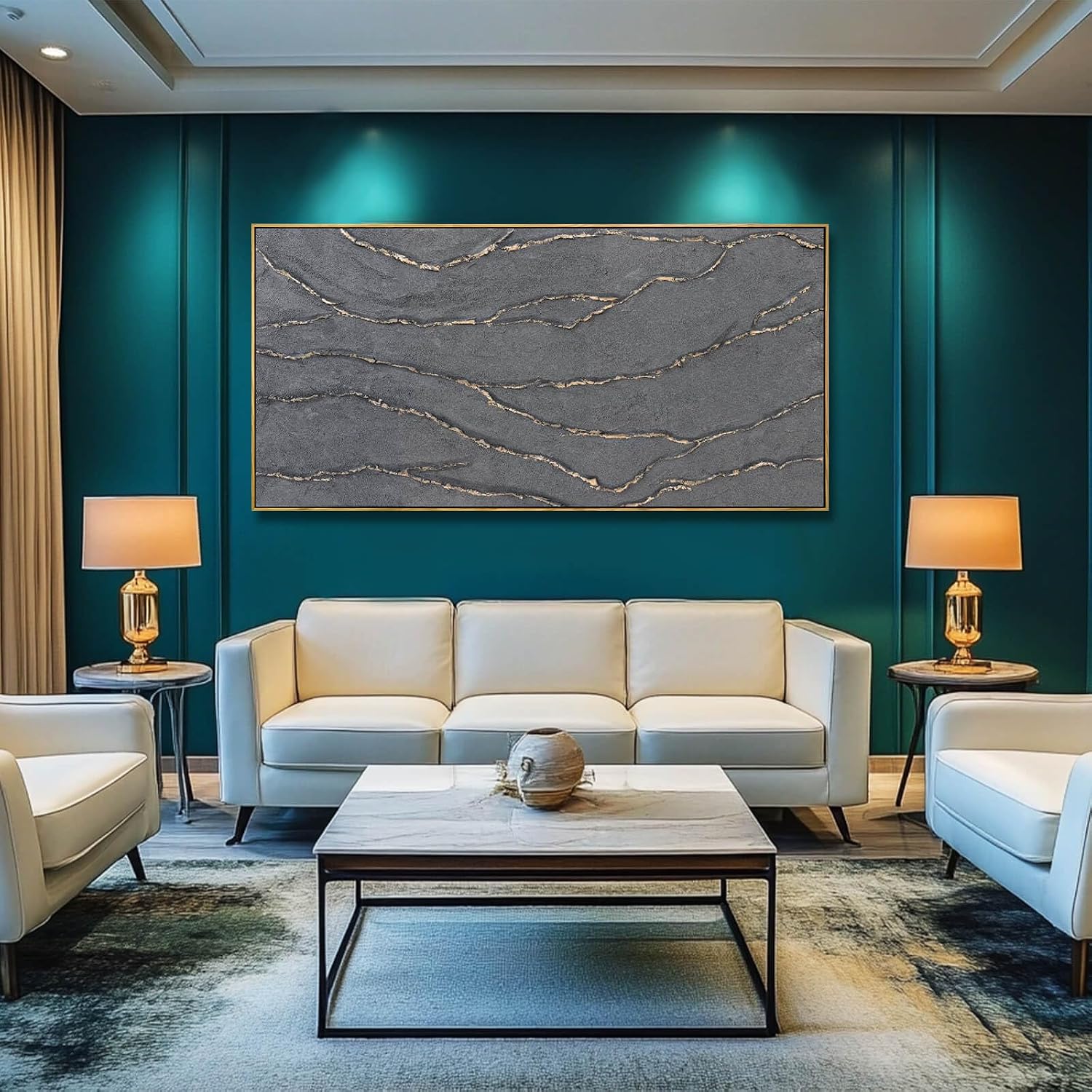Gold and Grey Wall Art Framed Pictures Wall Decor Neutral Artwork Hand Painted 29'x58' Abstract Wall Art for Living Room Dining Room Kitchen
