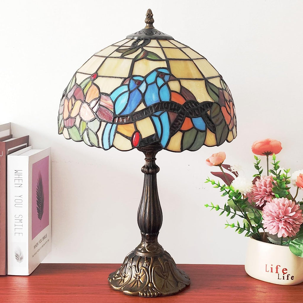 Tiffany 3-Color Stained Glass Lamp - Vintage Beside Reading Lamp, 12 inch Living Room Light, Flowers Style Antique Nightstand Light (Brids Flowers)