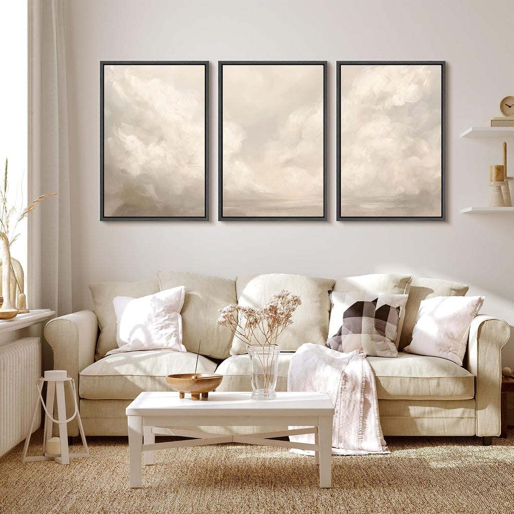 MUDECOR Framed Wall Art Print Set Neutral Cloudscape Soft Beige Abstract Sky Illustrations Modern Art Boho Decorative Colorful Chic for Living Room, Bedroom, Office - 24'x36'x3 Black