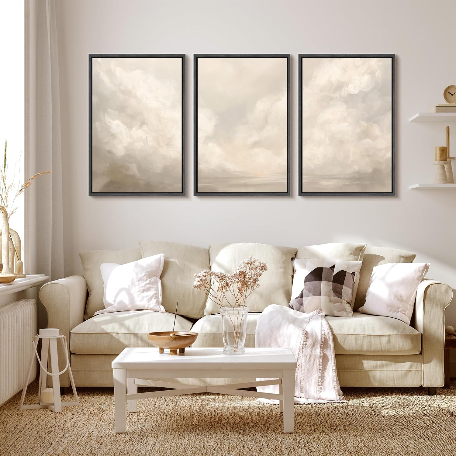 MUDECOR Framed Wall Art Print Set Neutral Cloudscape Soft Beige Abstract Sky Illustrations Modern Art Boho Decorative Colorful Chic for Living Room, Bedroom, Office - 16'x24'x3 Black