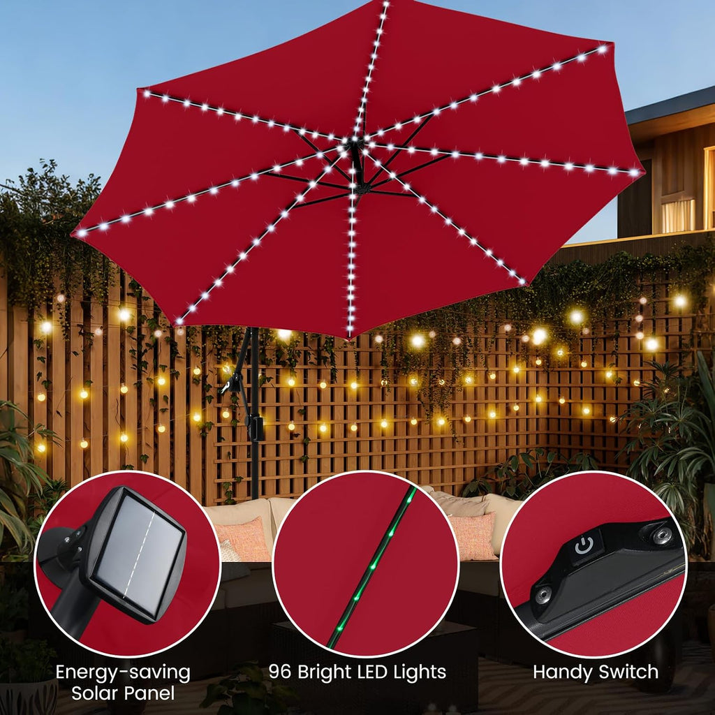 Tangkula 10 FT Solar Patio Umbrella with Base Included, Cantilever Offset Hanging Outdoor Umbrella with 96 Multi-Colored Flowing LED Lights, 9 Modes, Tilt Adjustment, 360° Rotation, Crank for Pool Yard Deck Lawn (Red)