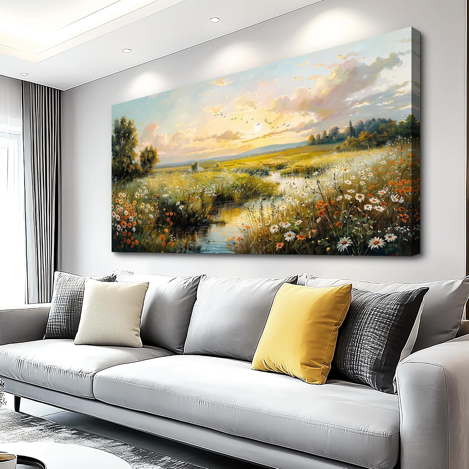 XIGUANGART Rustic Landscape Wall Art Canvas Prints Nature River Meadow flowers Wall Decor Sunset Pastoral Abstract Pictures Modern Artwork for Living Room Bedroom Kitchen Office Large Home Decorations