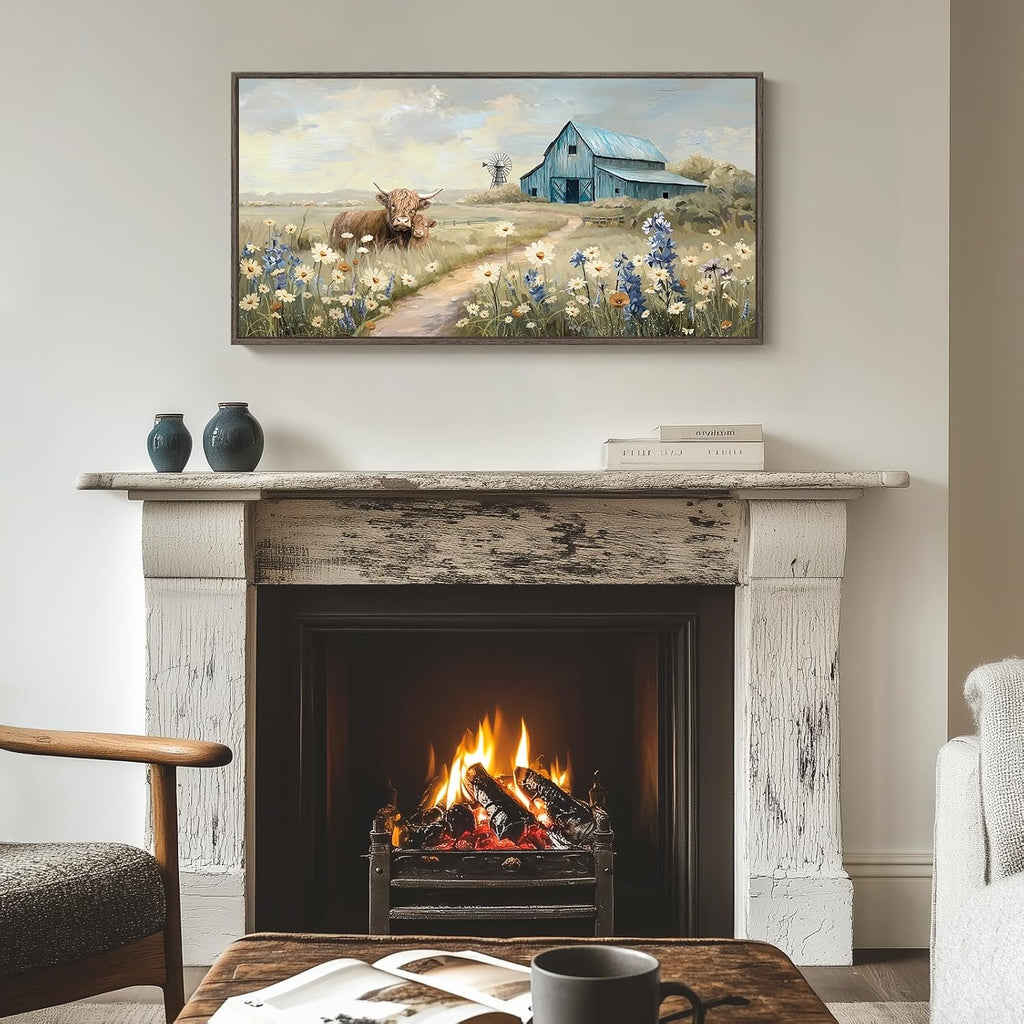 Extra Large Framed Farmhouse Style Wall Art - Vintage Rustic Canvas Art Print - Wildflower Highland Cow, Windmill & Teal Barn - Country Farm Painting for Living Room 30x60 Inch