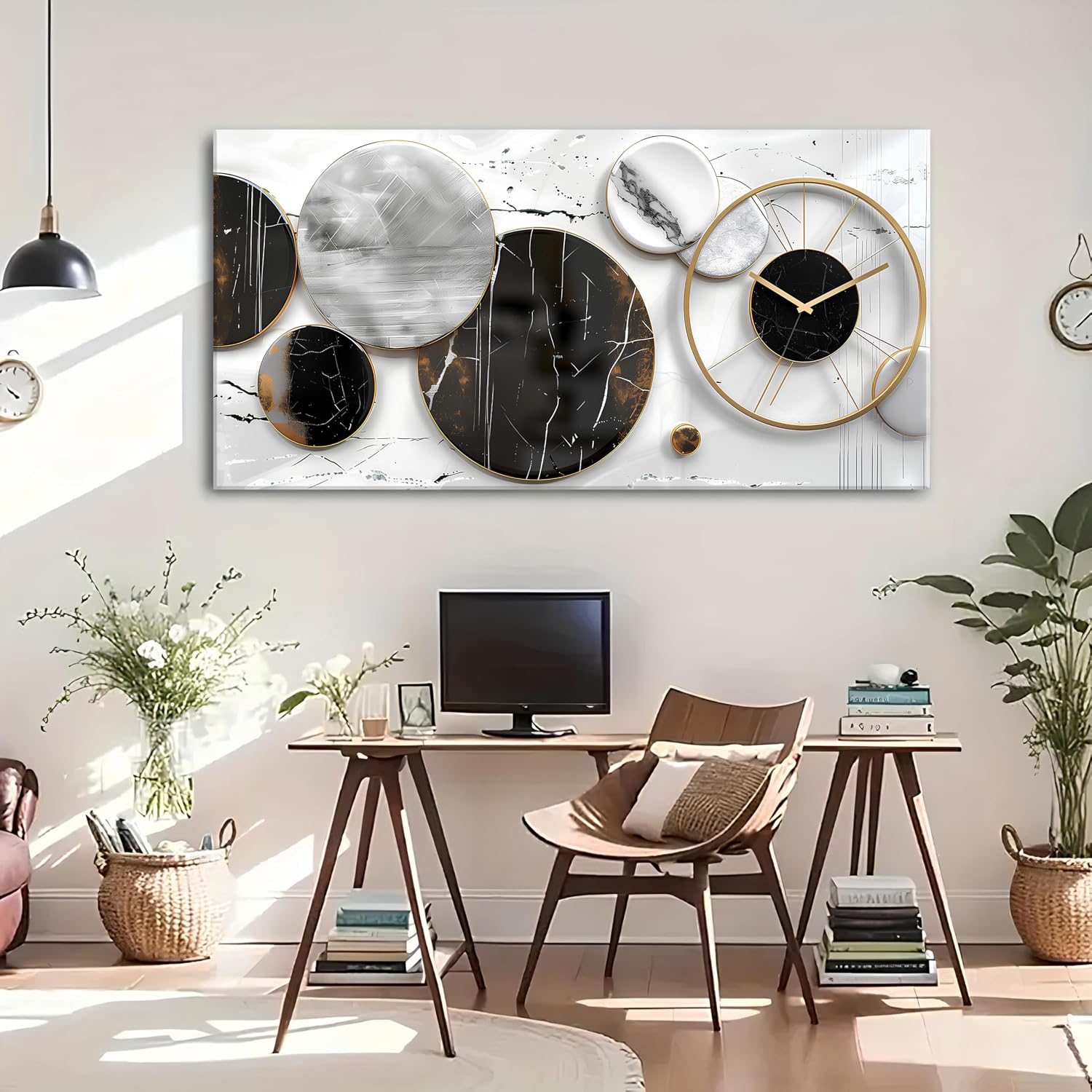 Modern Abstract Canvas Wall Art for Living Room Home Office Decor Black and White Gray Picture for Wall Decor Geometric Texture Marble Painting Clocks Prints Poster Artwork Decorations 30x60'