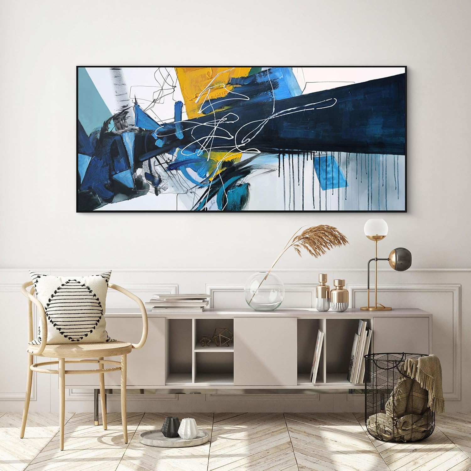 KLAKLA Wall Art for Living Room - Blue Abstract Canvas Pictures Framed Artwork for walls Extra Large Prints for Bedroom Above the Bed Decor 70x31 Inches