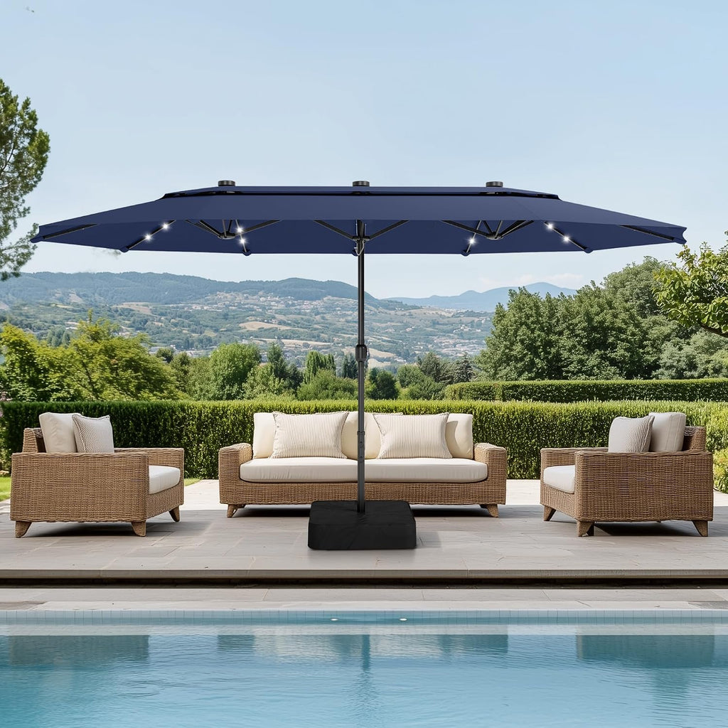 PHI VILLA 15ft 2-Tier Large Patio Umbrella with Solar Lights, Double-Sided Outdoor Market Rectangle Umbrellas with 36 LED Lights, Umbrella Base (Stand) Included, Blue
