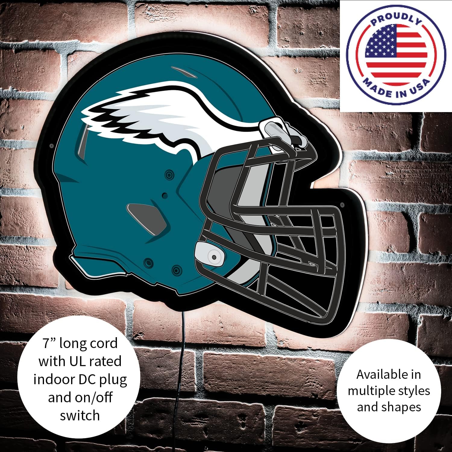 Team Sports America Evergreen NFL Philadelphia Eagles Ultra-Thin LED Light Wall Sign Decor | Full Size Replica Helmet | 19.5 x 15 Inches | Made in the USA