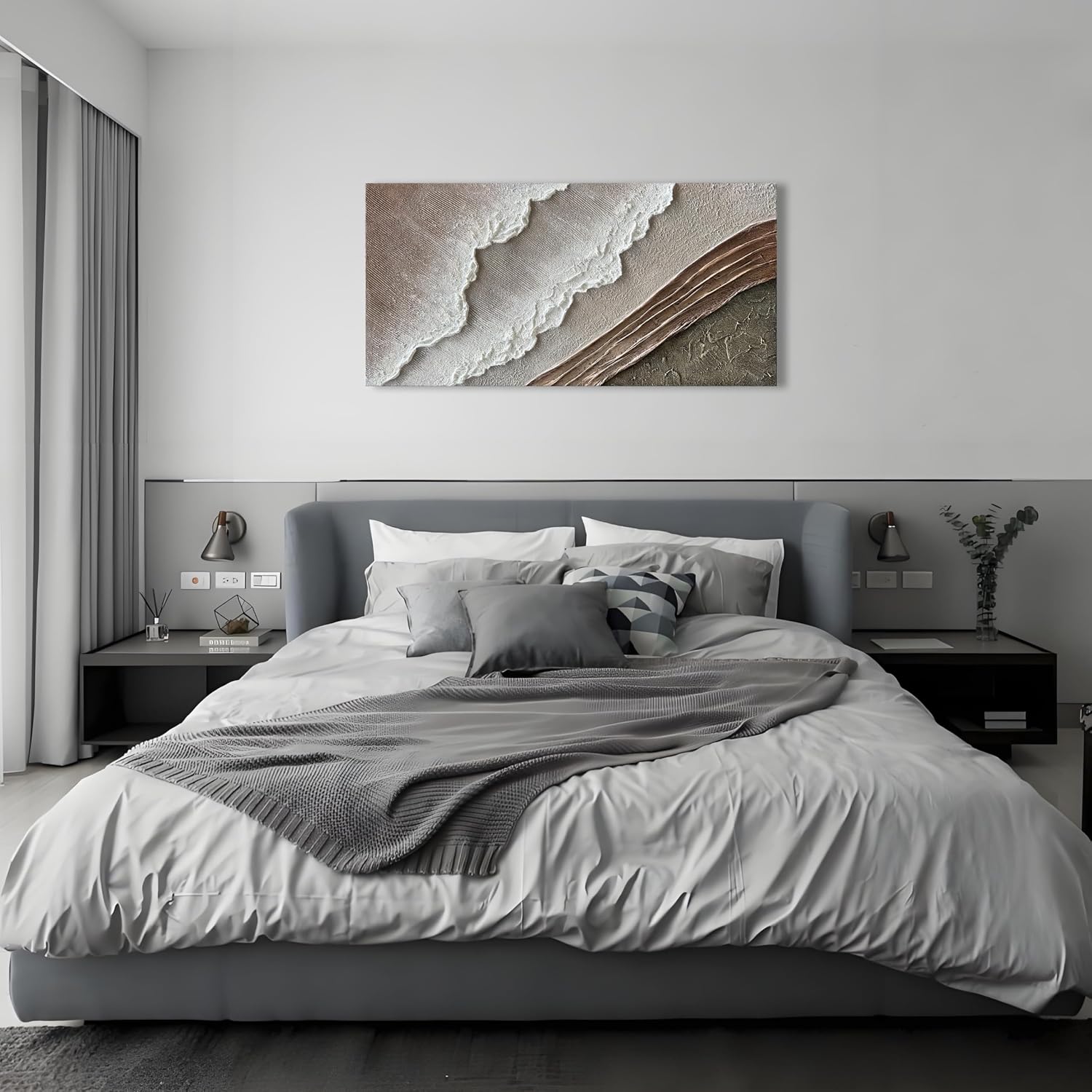 Hand Painted Thick Texture Art Oil Painting on Brown and White Beach Waves Landscape Art Home Wall Decorative Painting 48x24 Inches