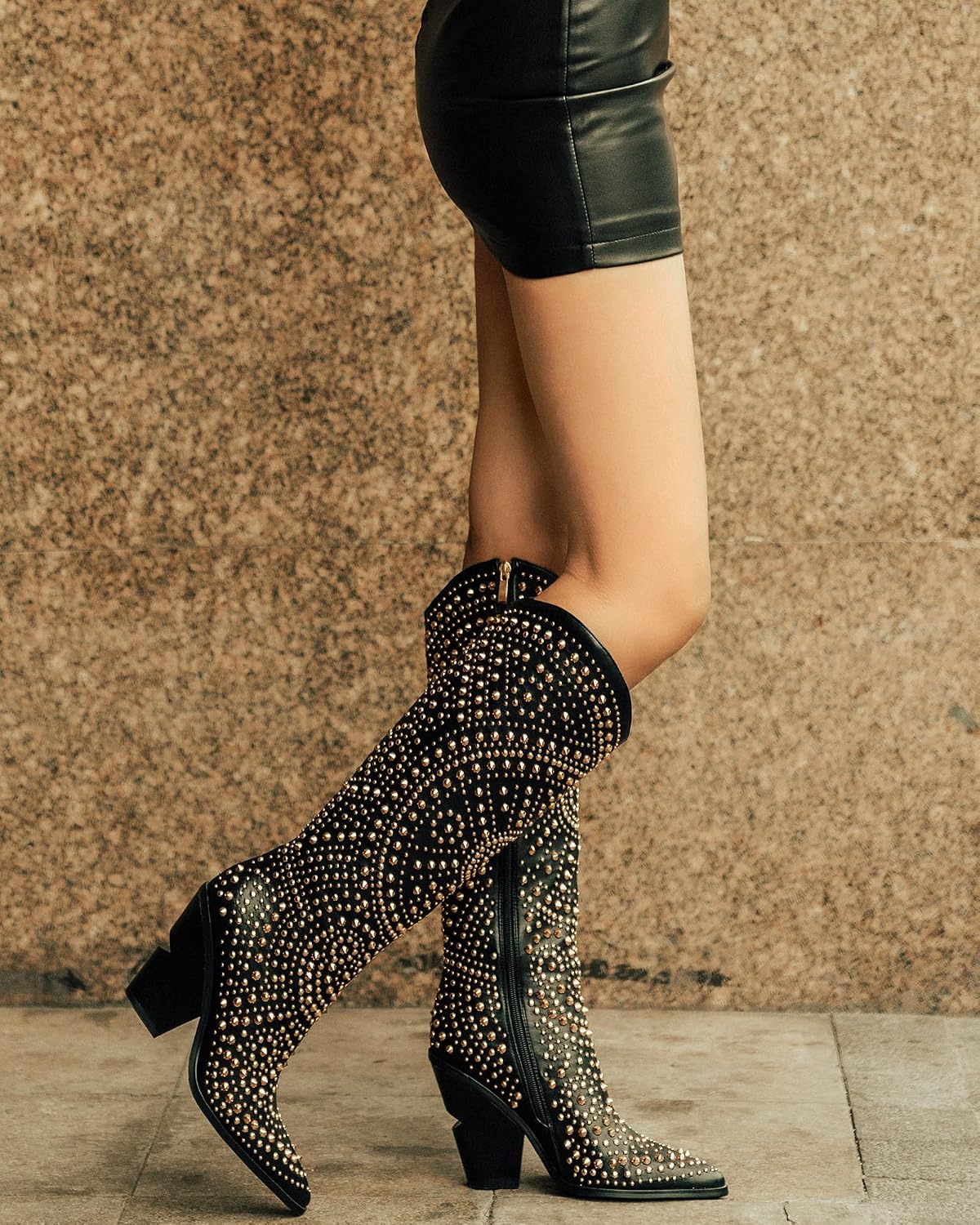 iiimmu Womens Boots Pointed Toe and Chunky Heel Boots for Women Luxurious Studded Boots Tall Boots with Metallic Rivets, White/Black Size US 5-12