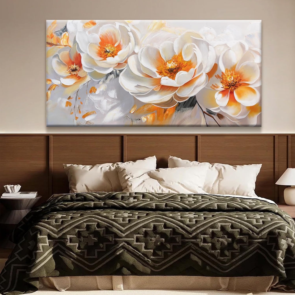Suconvng Large Wall Art For Living Room Floral Wall Artwork Modern Canvas Art Wall Decor 29' X 58' Painting Orange White Flower Wall Art For Bedroom Home Office Dining Room Home Decoration
