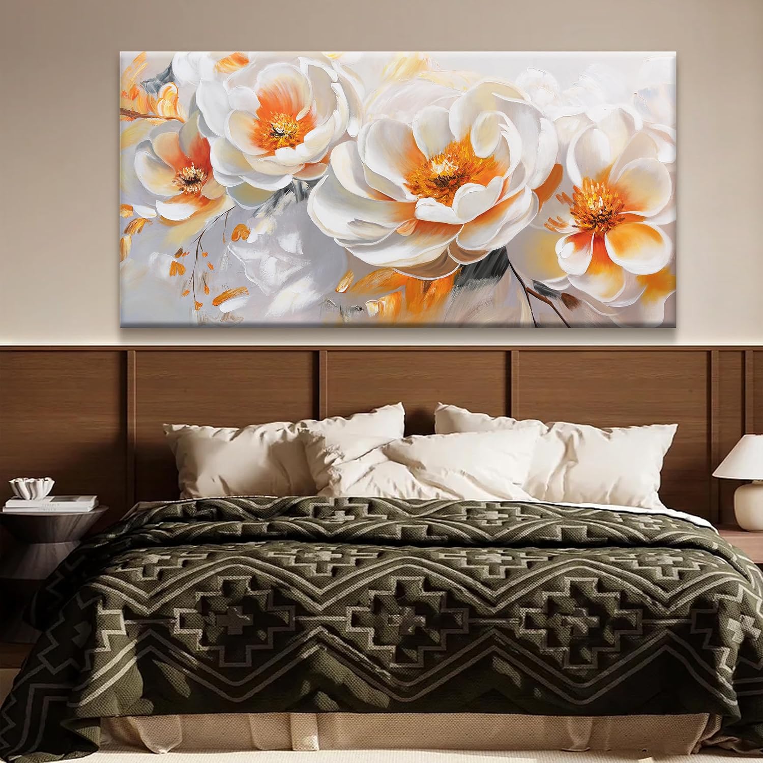 Suconvng Large Wall Art For Living Room Floral Wall Artwork Modern Canvas Art Wall Decor 29' X 58' Painting Orange White Flower Wall Art For Bedroom Home Office Dining Room Home Decoration